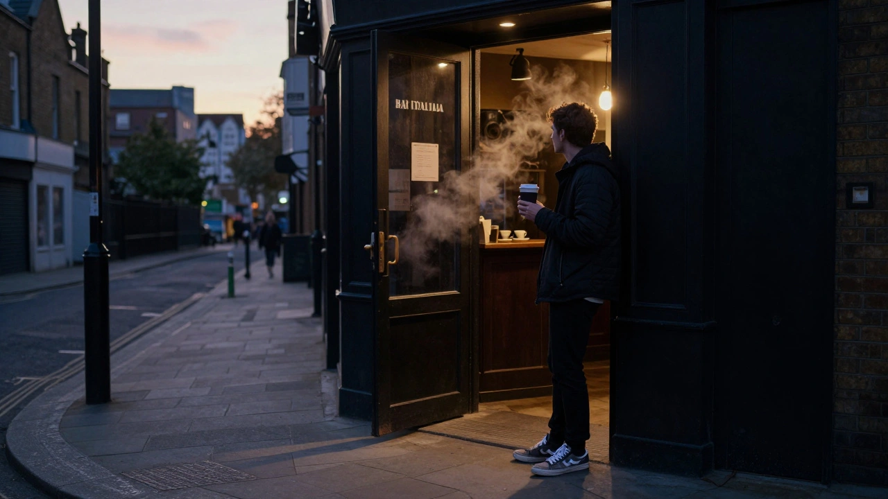 Solo dancer holding coffee outside Fabric at dawn, warm light from Bar Italia spilling onto the street.
