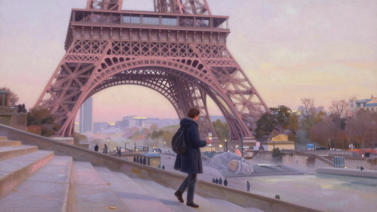 Someone climbing the Eiffel Tower at sunrise, pink light glowing on iron beams, Paris asleep below.
