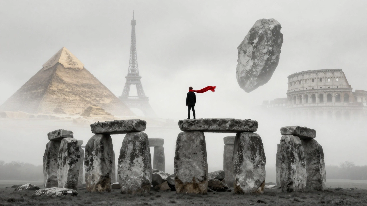 Stonehenge stones floating in winter mist, projecting images of global landmarks, a red scarf blowing in the wind.