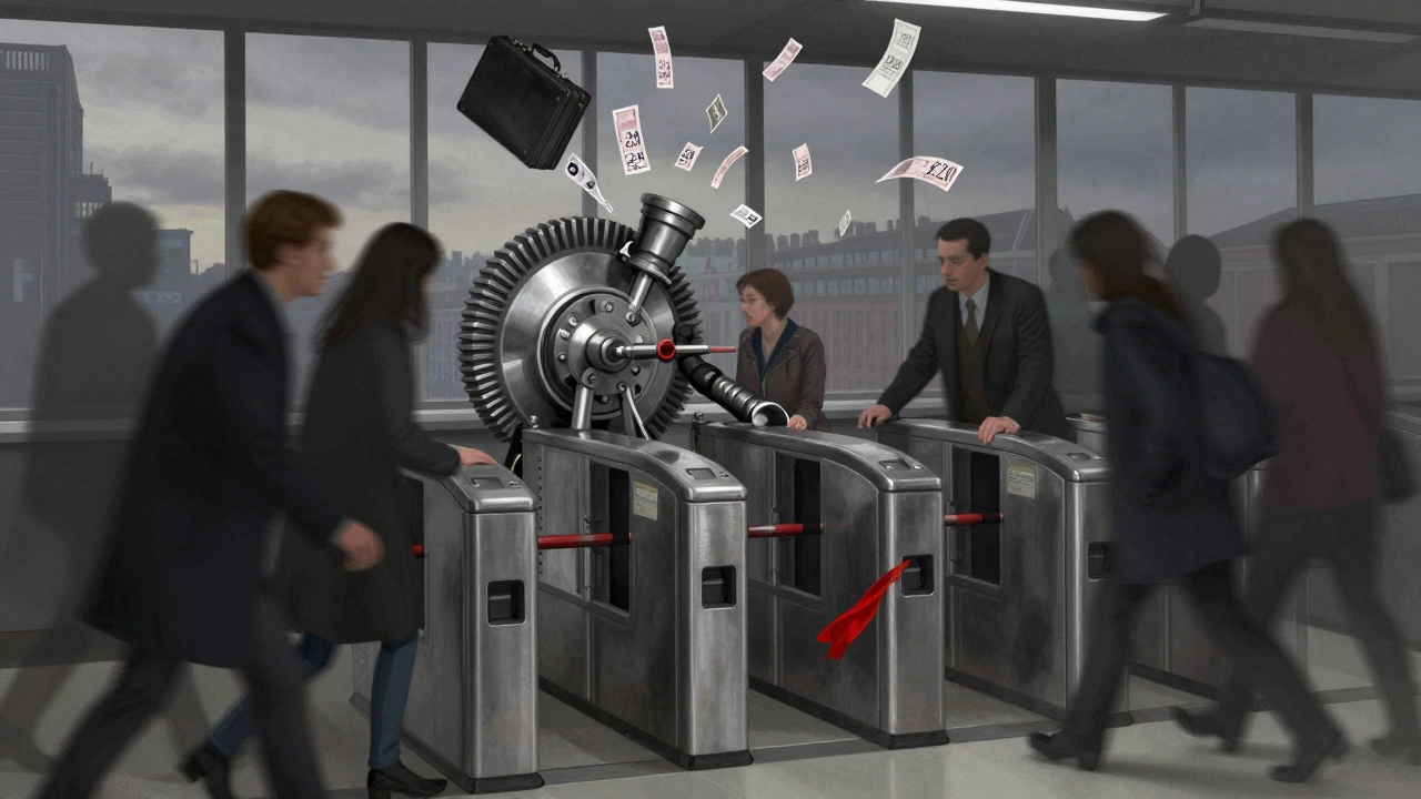 Surreal performance of a person as a Tube turnstile, passengers shoving past in ghostly silhouettes.