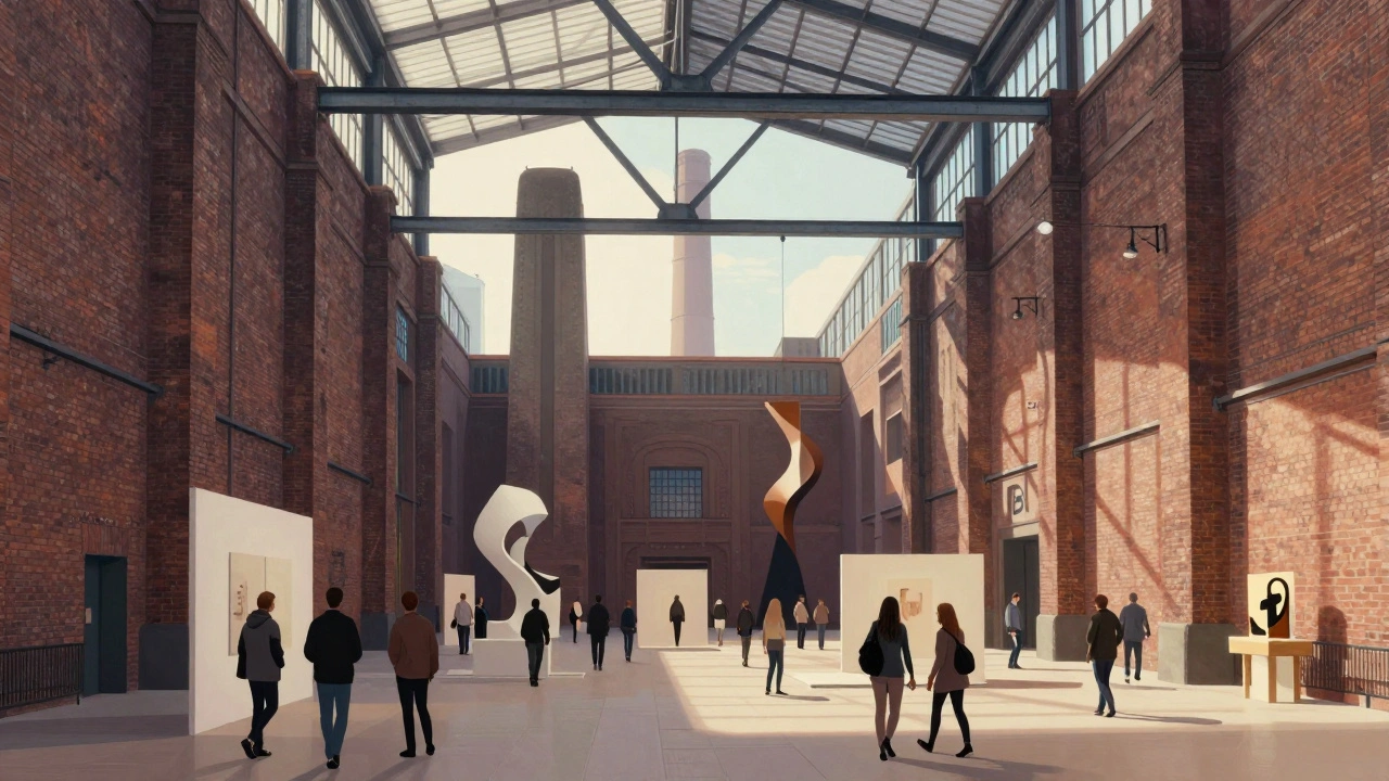 Tate Modern's industrial turbine hall filled with art and visitors under natural sunlight.