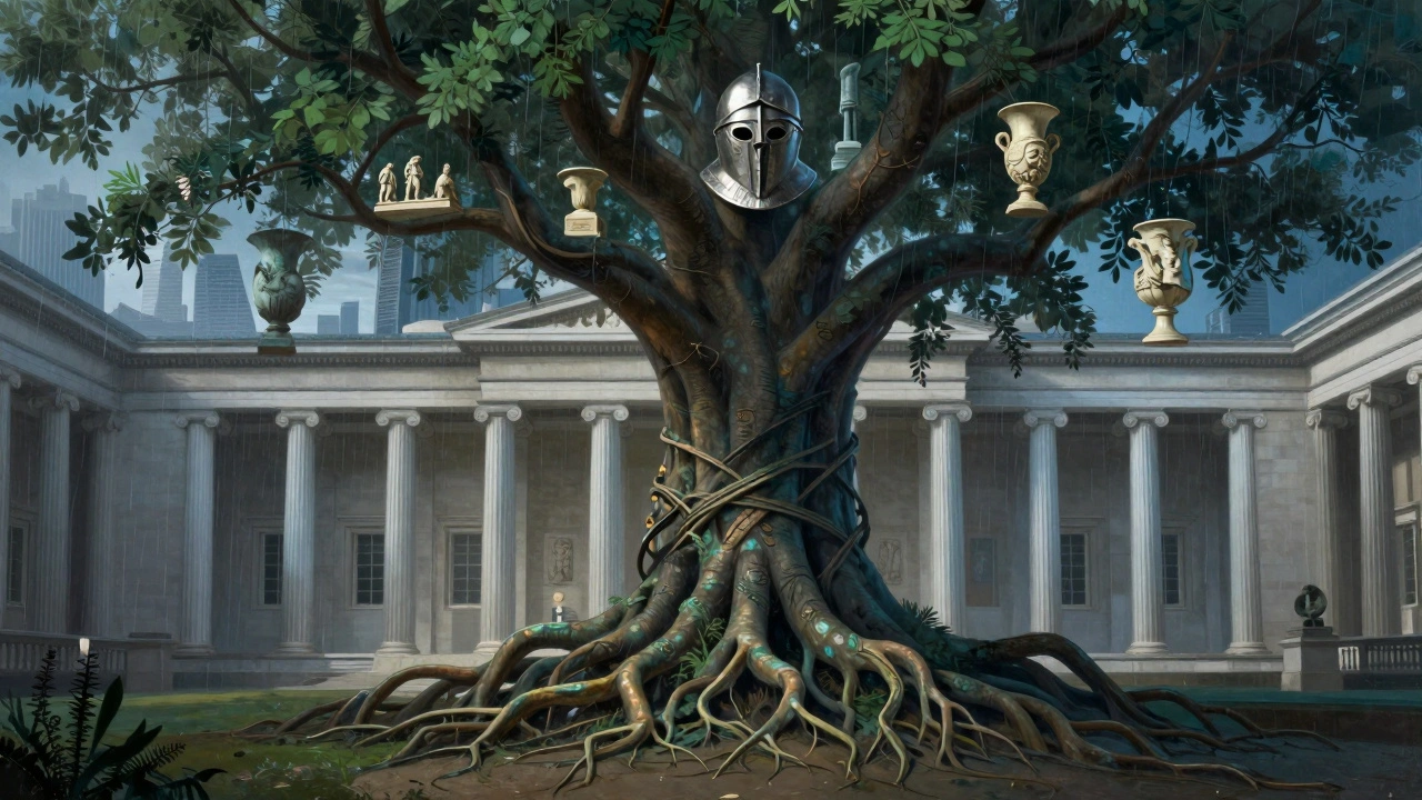 The British Museum as a tree with roots in ancient civilizations, floating artifacts in its branches, and London's skyline above.