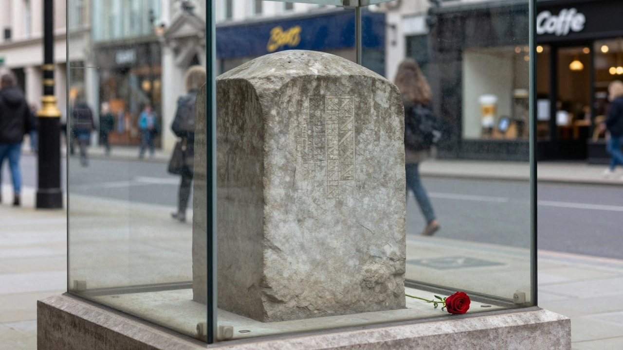 The London Stone behind glass, with a rose on the pavement outside, surrounded by blurred city storefronts.