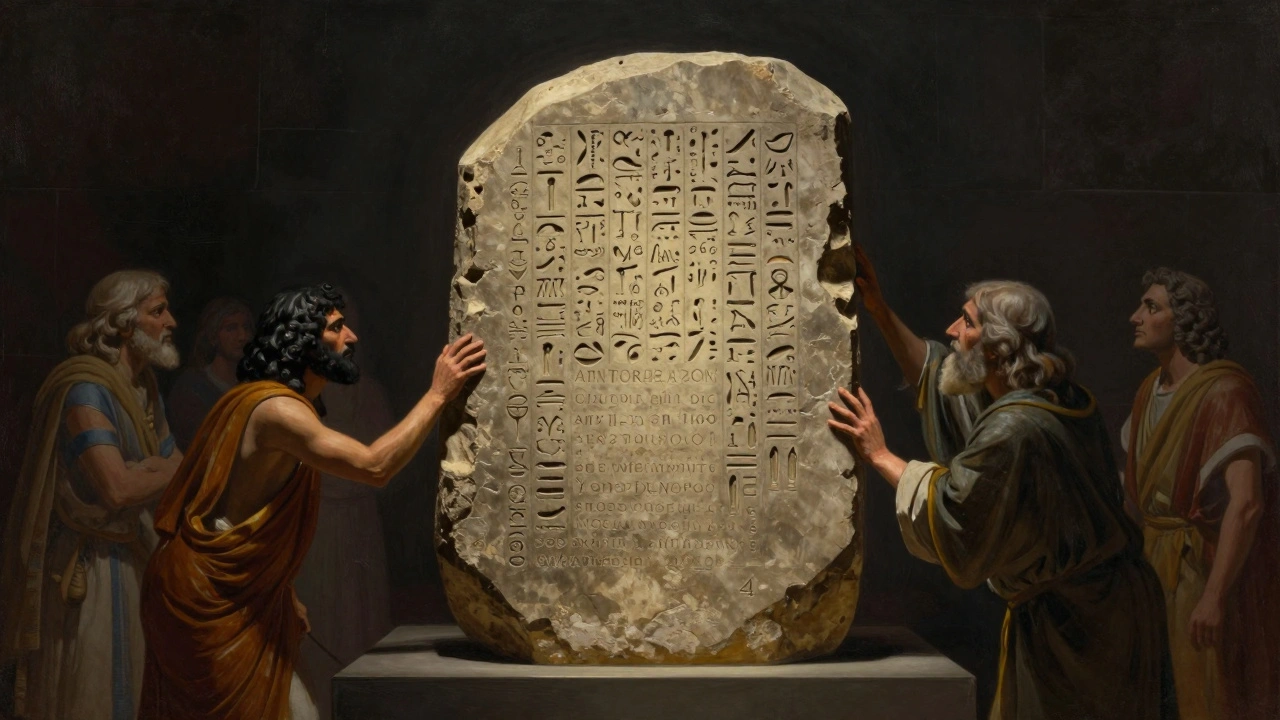 The Rosetta Stone illuminated in a dark gallery, with ghostly figures of scholars surrounding it, inscribed with ancient scripts.