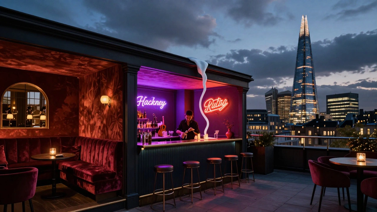 Three distinct London cocktail bars represented in one surreal, connected scene.