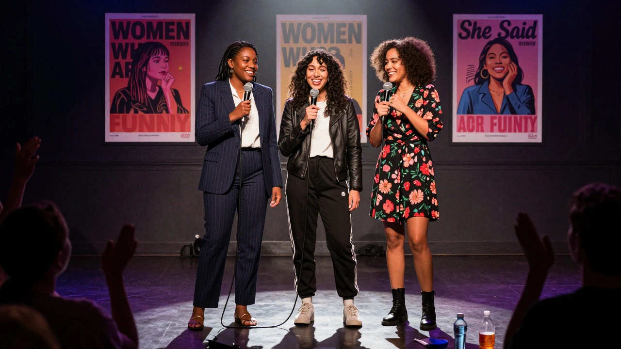 Three female comedians on the Barbican stage, smiling together with feminist show posters behind them.