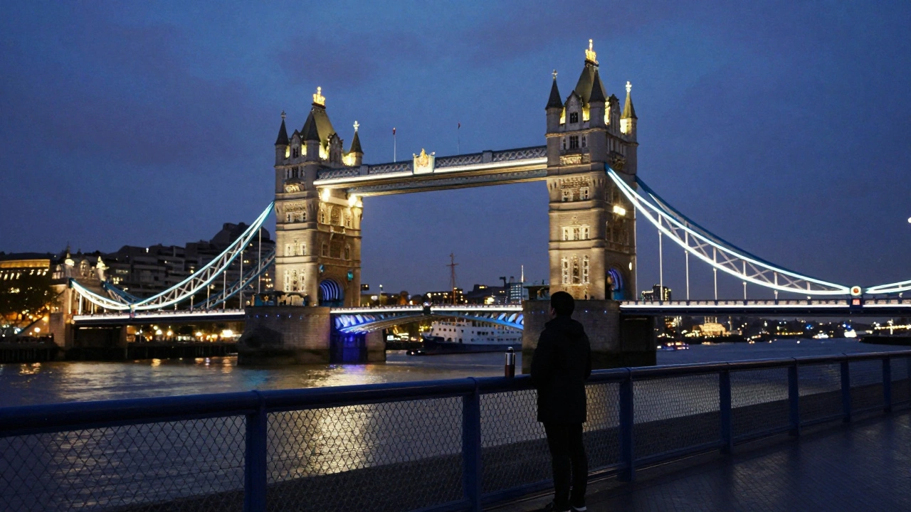 Tower Bridge lit at dusk, empty walkway with a lone figure and a ship passing below.