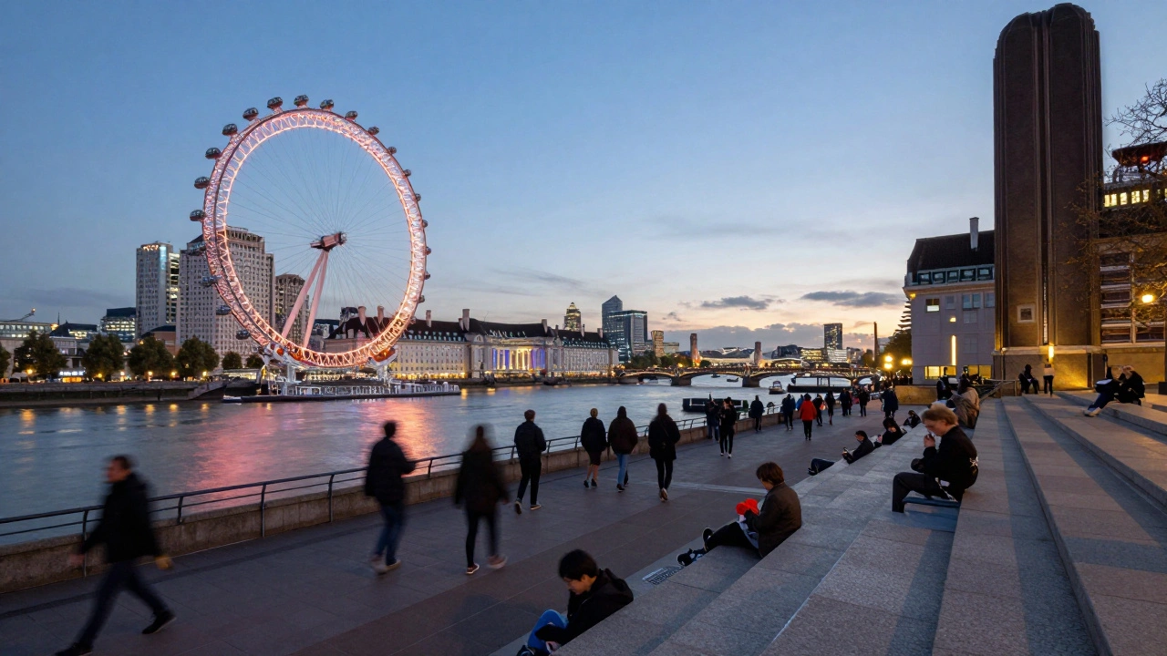 Twilight scene on the South Bank with London Eye and Tower Bridge glowing over the reflective Thames.