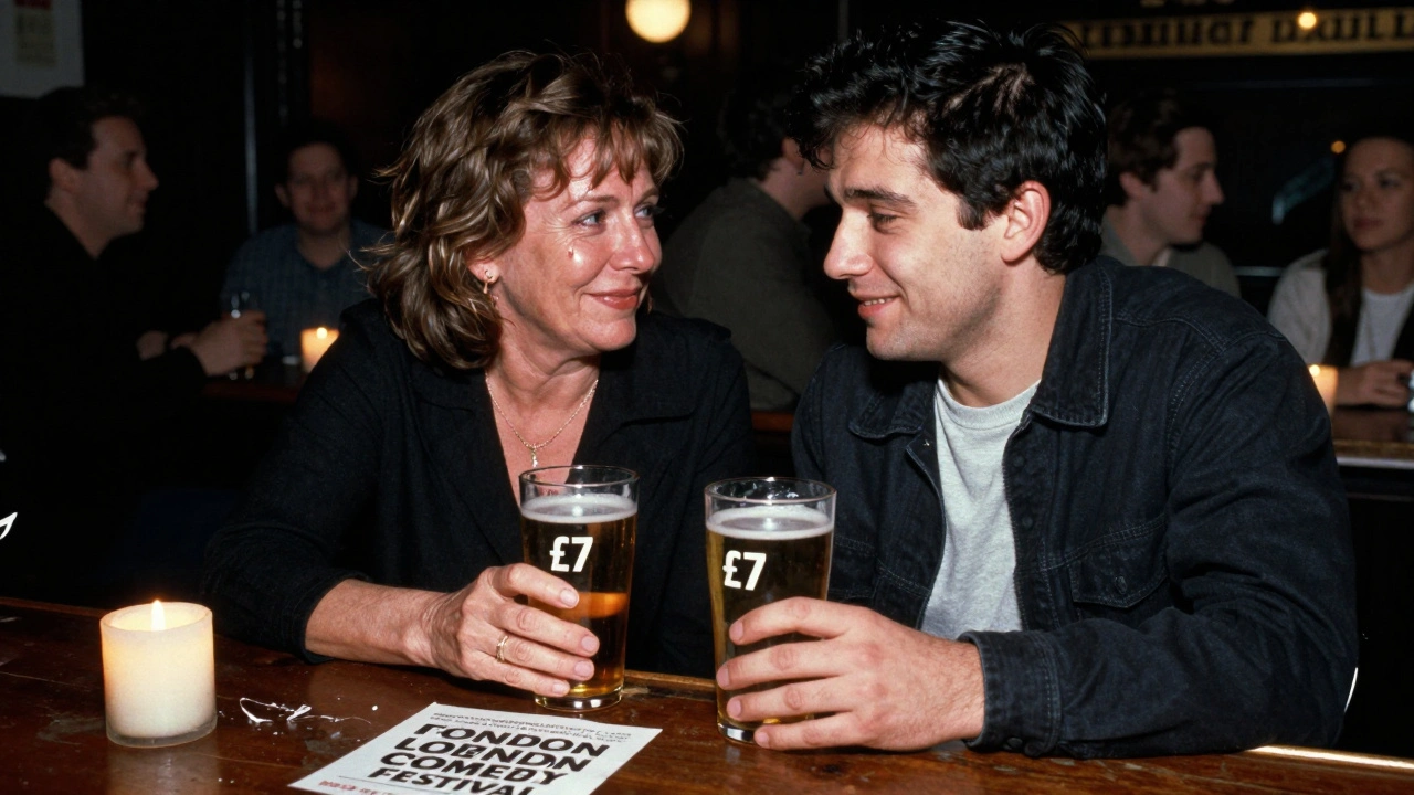 Two strangers sharing a quiet, tearful smile after a comedy show, holding pints in a London bar.