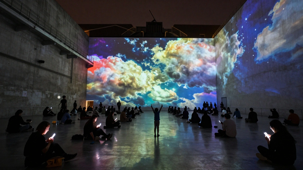 Visitors in Tate Modern's Turbine Hall sit beneath a massive digital art projection, bathed in colored ambient light.