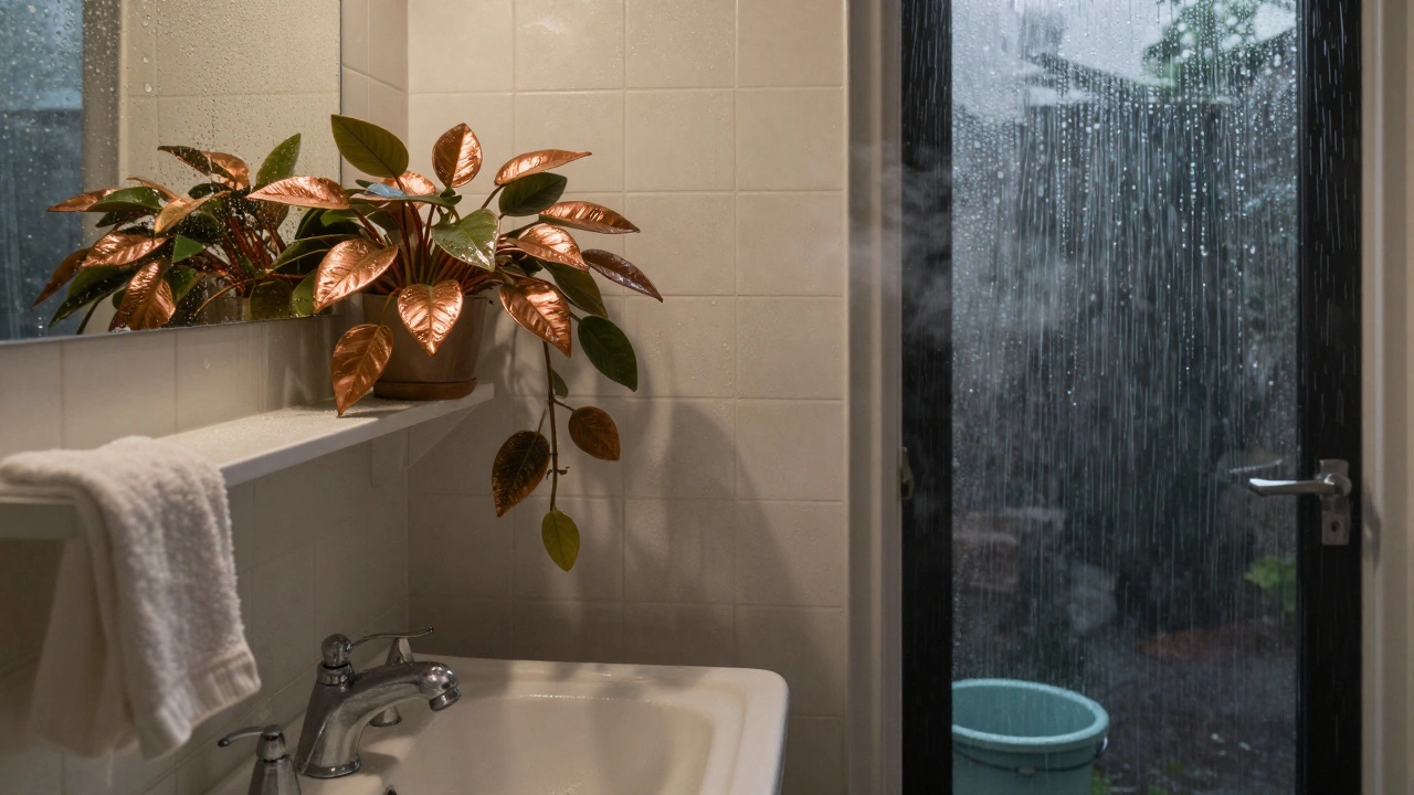 A copper-leaved Episcia plant thriving in a steamy London bathroom, condensation on tiles and rainwater bucket nearby.