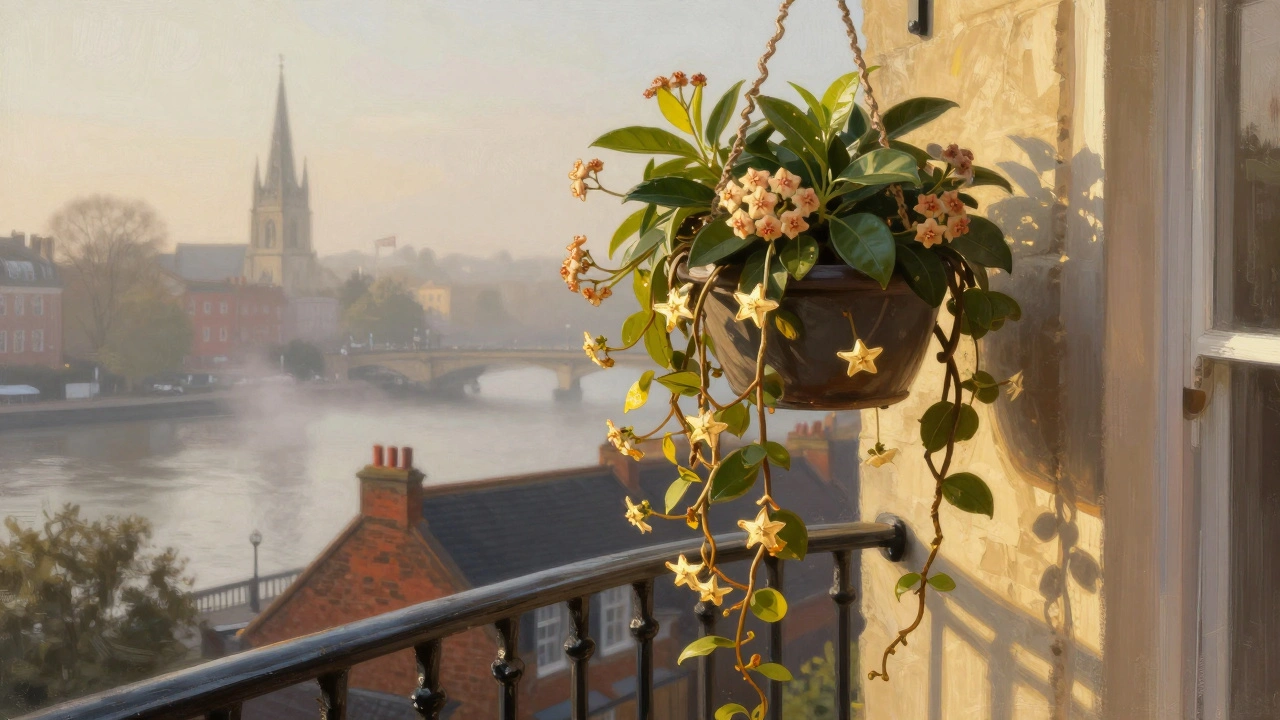 A hanging Hoya plant with twisted vines blooming on a London balcony, soft fog and brick buildings in the distance.