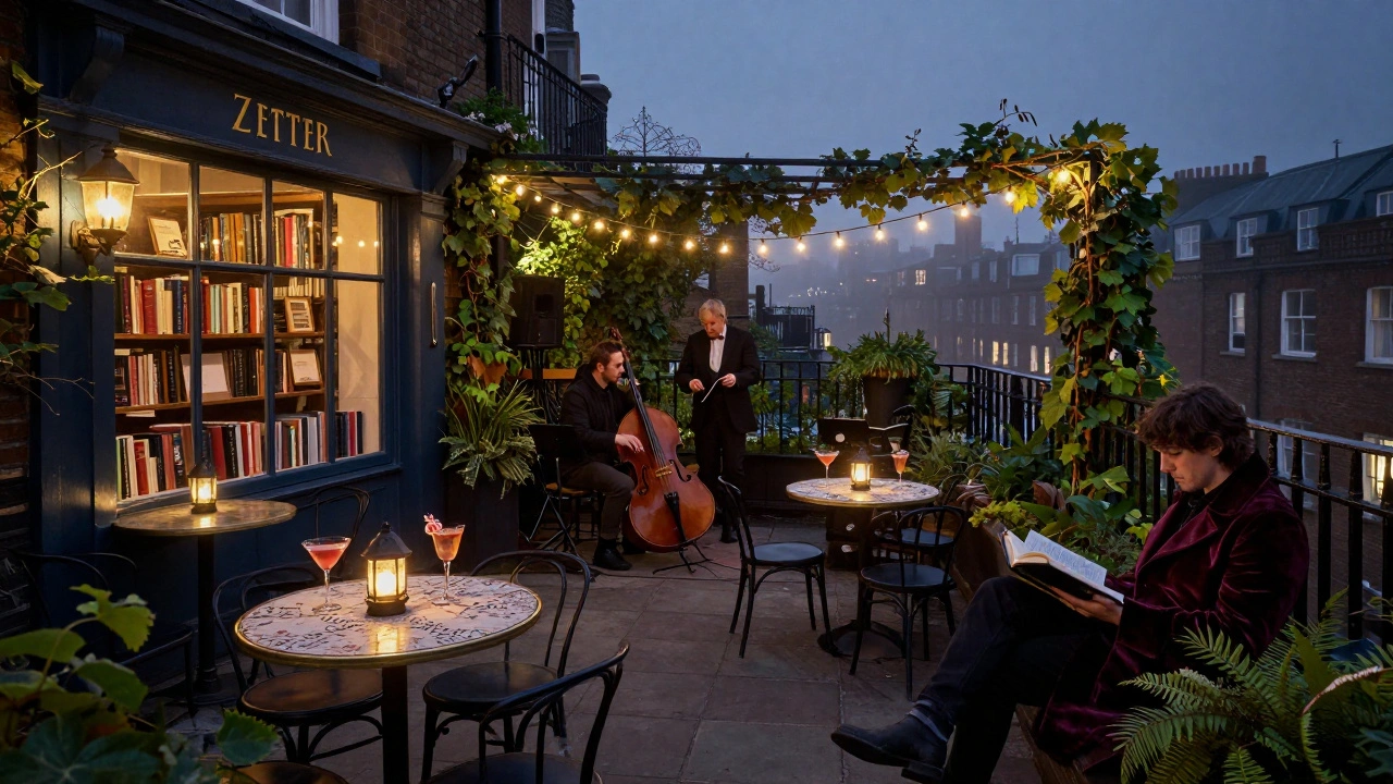 A hidden rooftop garden at night with live jazz, lanterns, and a reader enjoying a poetic cocktail under the stars.