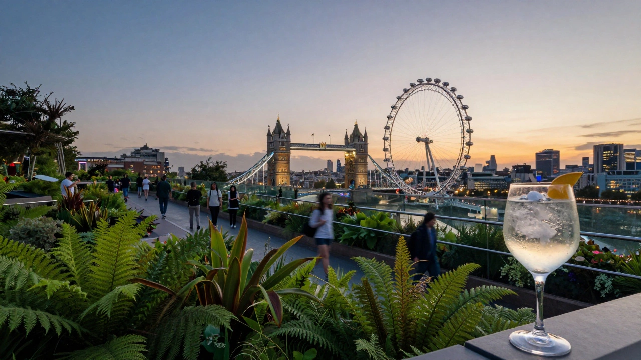 A lush sky garden with greenery and glass railings, Tower Bridge and London Eye visible in the twilight skyline, people enjoying drinks peacefully.