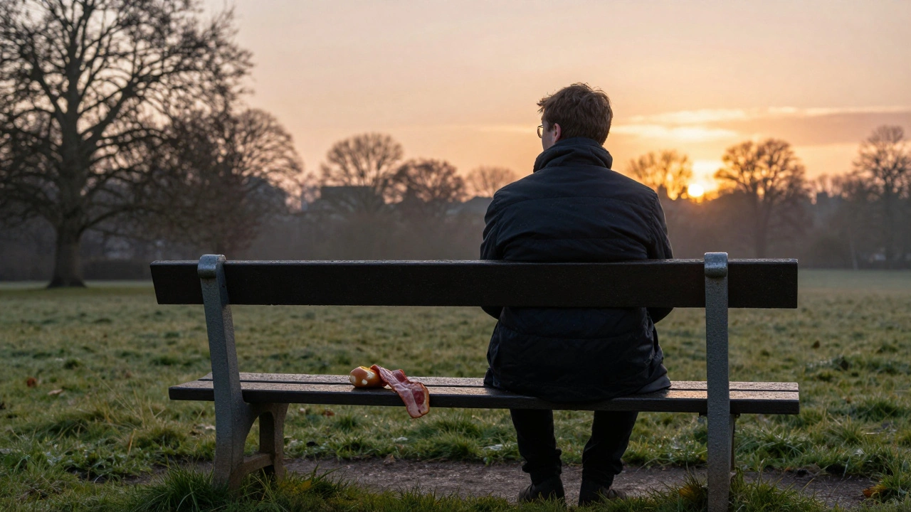 A person sitting alone on a bench at sunrise after a night out, a bacon roll beside them, soft morning light bathing the scene.