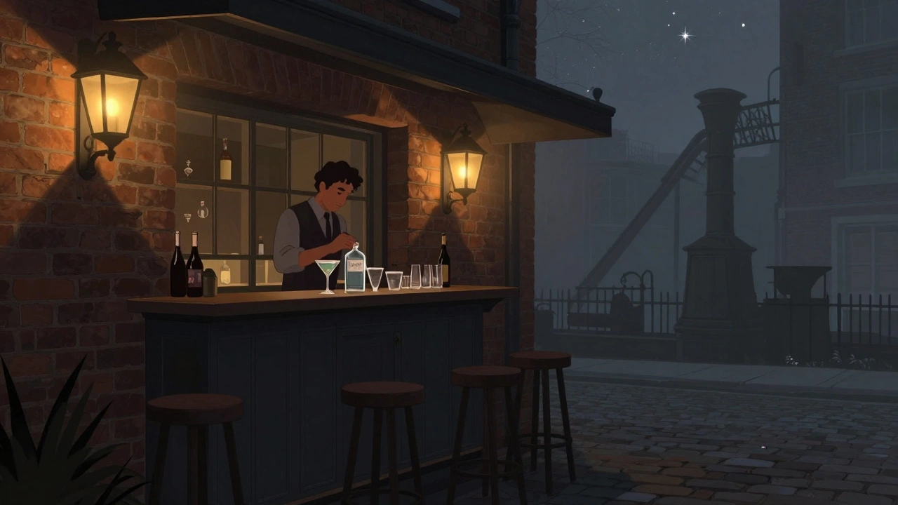 A quiet, dimly lit rooftop terrace behind an alley, vintage lanterns glowing, a bartender stirring a martini with a bottle of Sipsmith gin in the background.