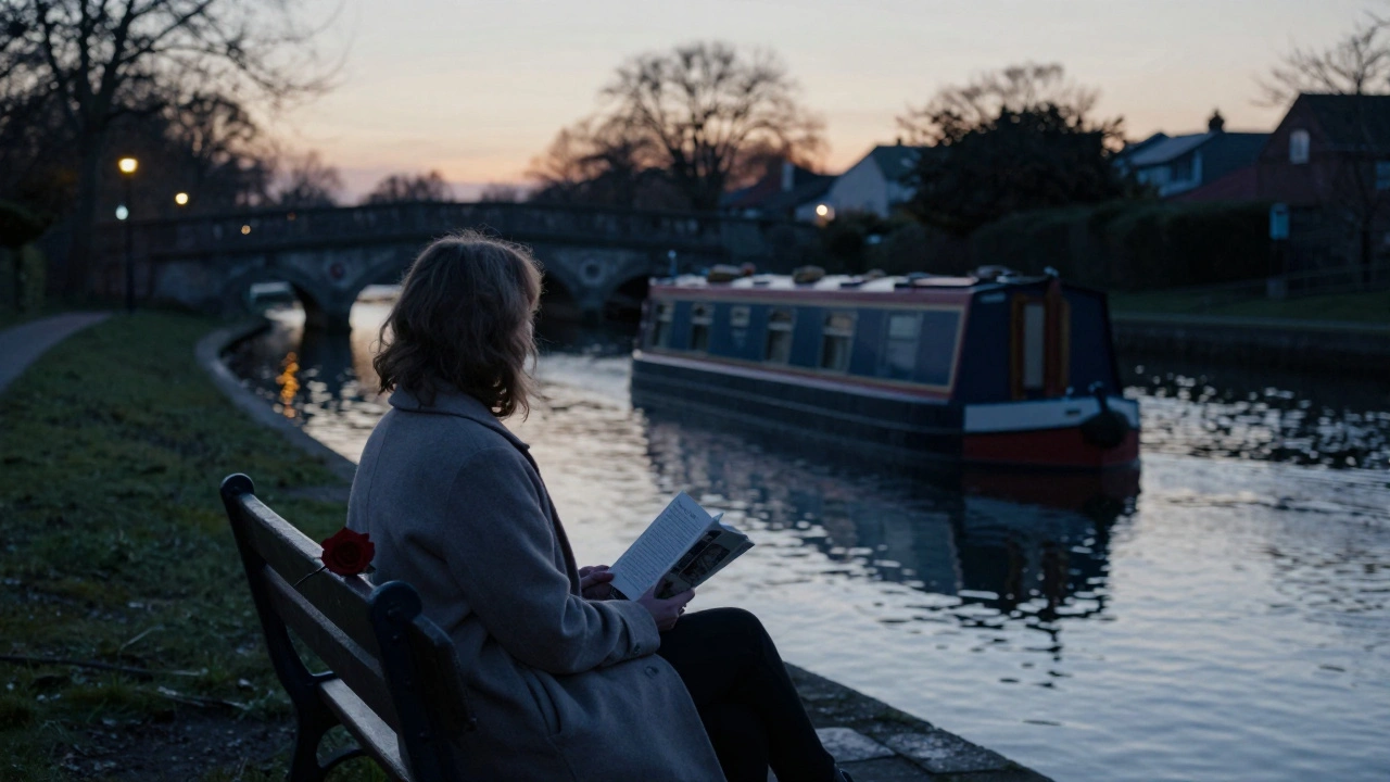 A woman on a canal bench at dusk, reading beside a red rose, with a narrowboat drifting in the distance.