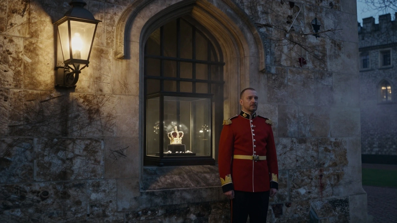 A Yeoman Warder standing in the Bloody Tower of the Tower of London at dusk.