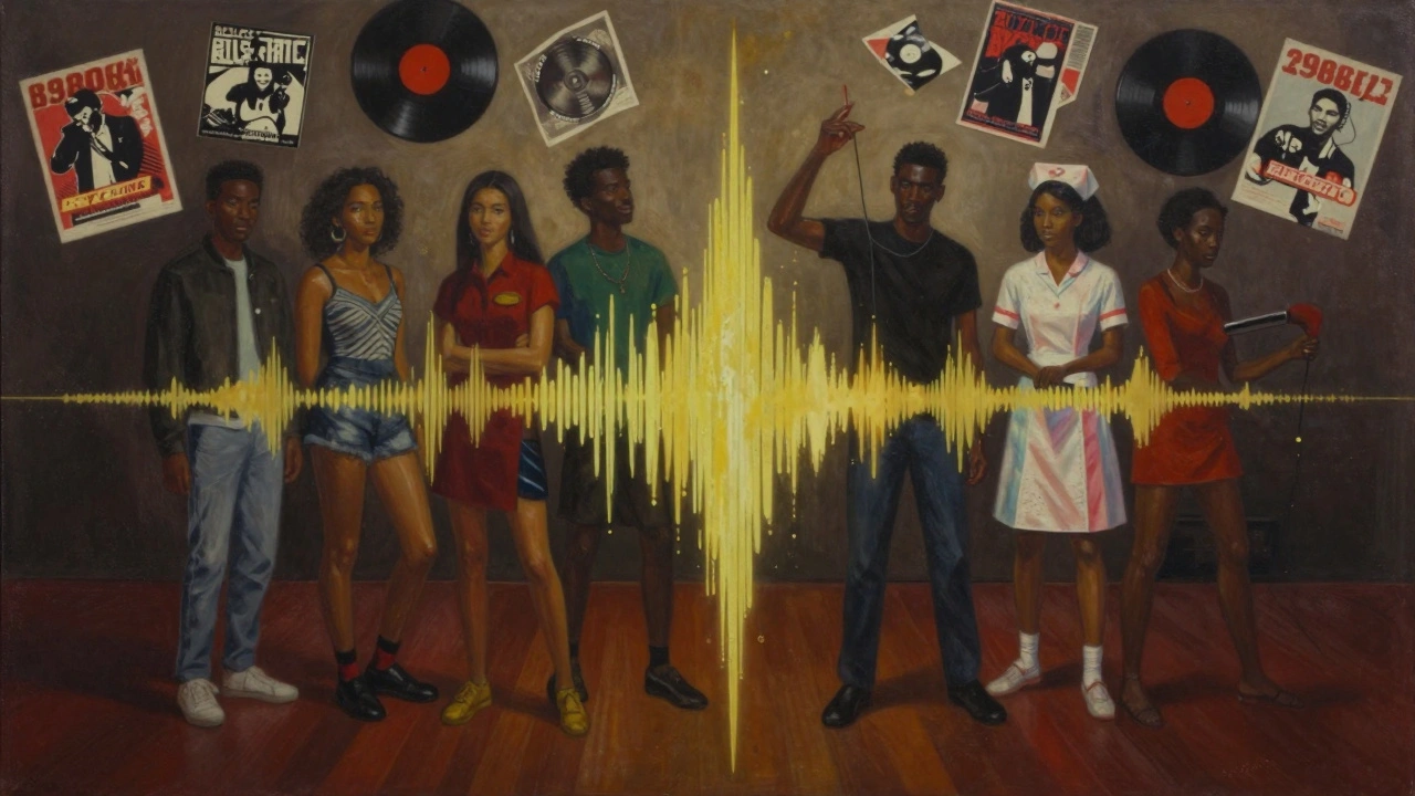 Abstract representation of music genres from Electric Brixton merging into a waveform, blending cultural figures and vintage posters.