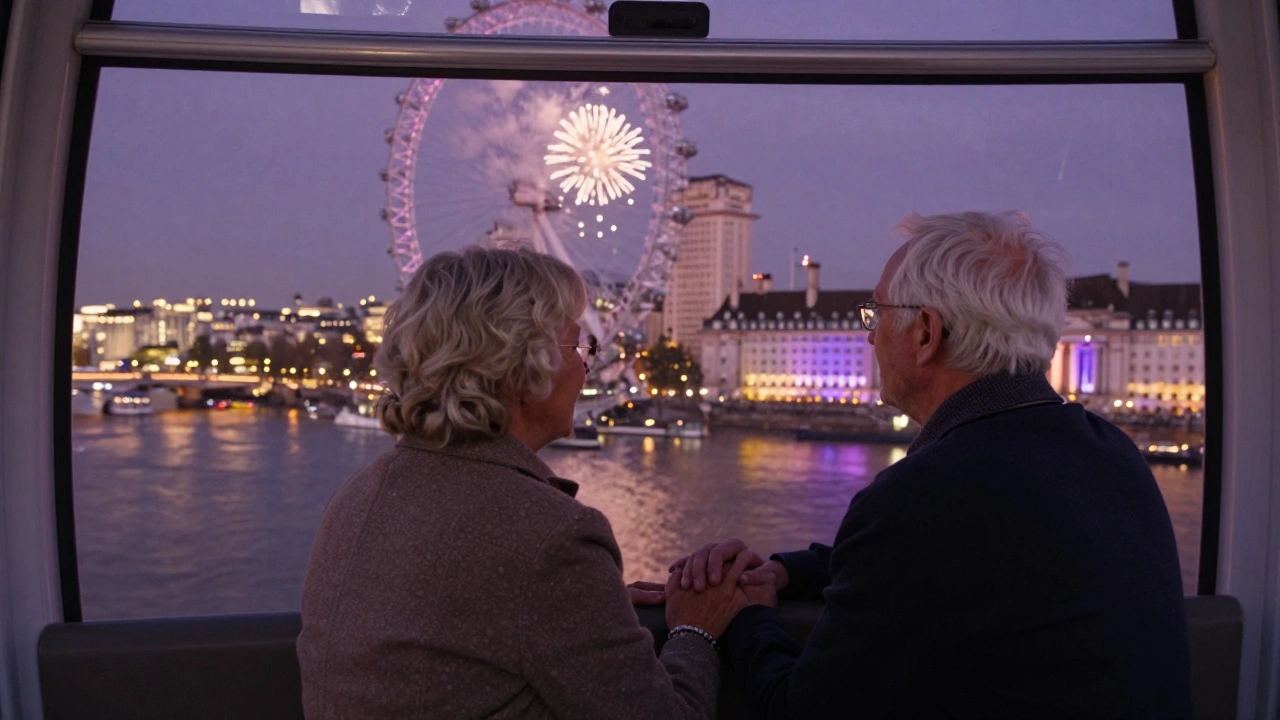 An elderly couple holding hands in the London Eye, watching the city lights come alive as a purple firework glows above.