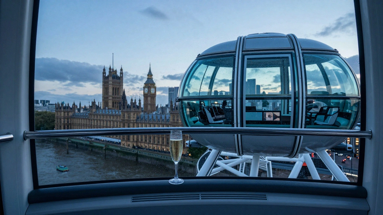 An empty capsule of the London Eye at dawn, offering a quiet panoramic view of London’s skyline.