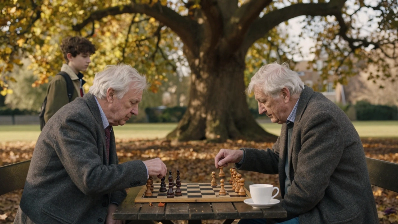 Elderly men playing chess under a tree in Victoria Park, a teenager watching quietly.
