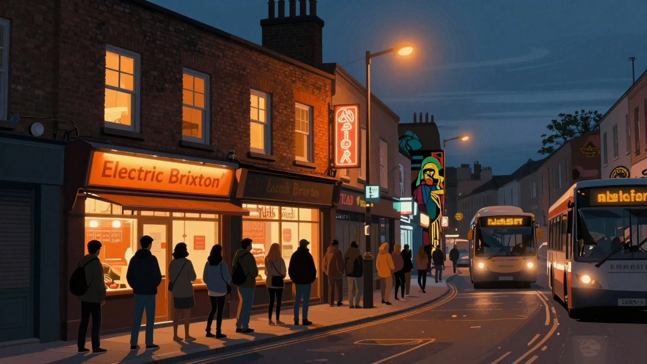 Electric Brixton nightclub exterior at night with a long queue, streetlights, and nearby Caribbean food stalls glowing in the dark.