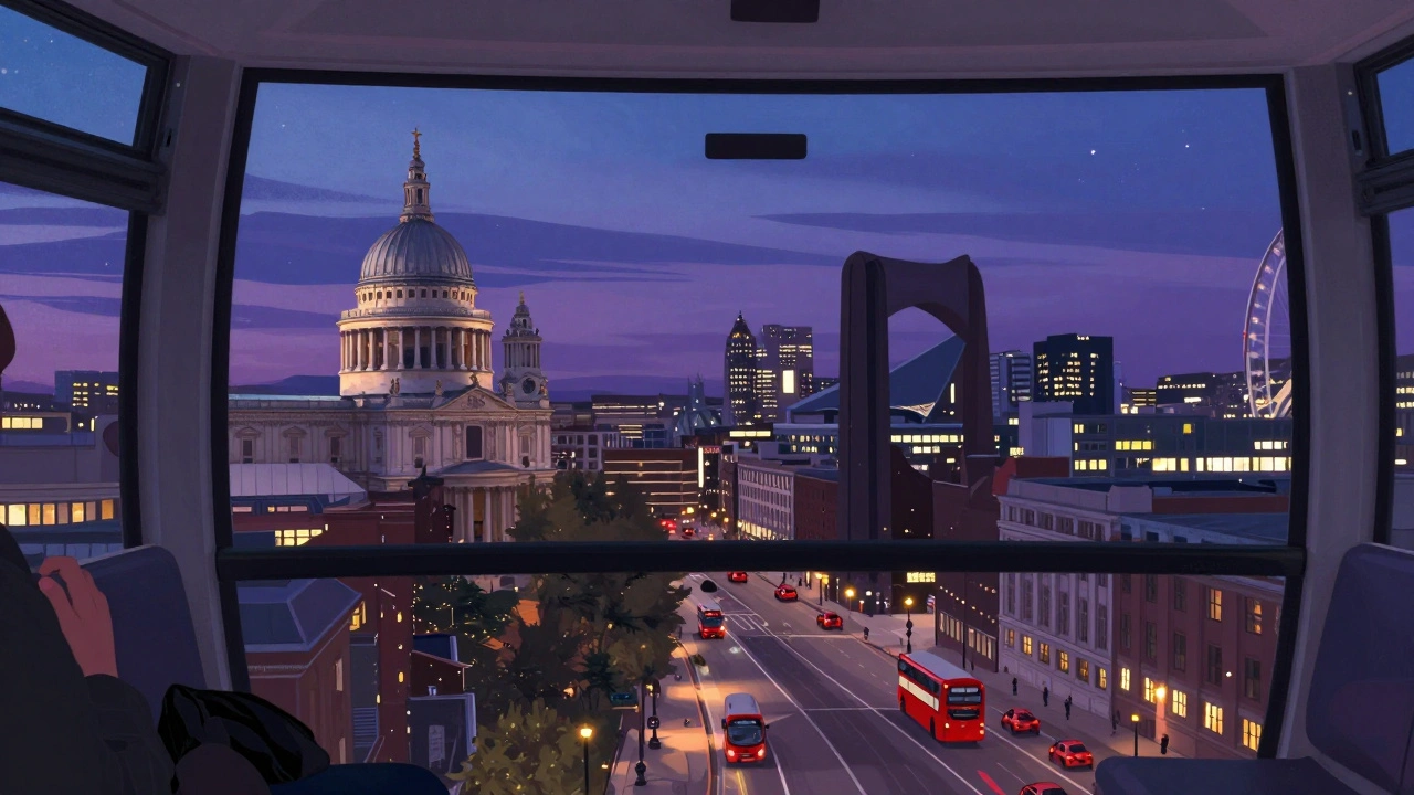 Inside a London Eye capsule at night, looking out over London’s skyline as lights begin to twinkle across the city.