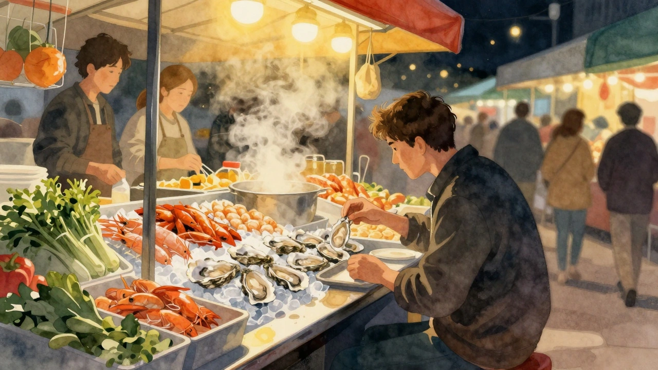 Person eating oysters alone at a bustling night market stall.