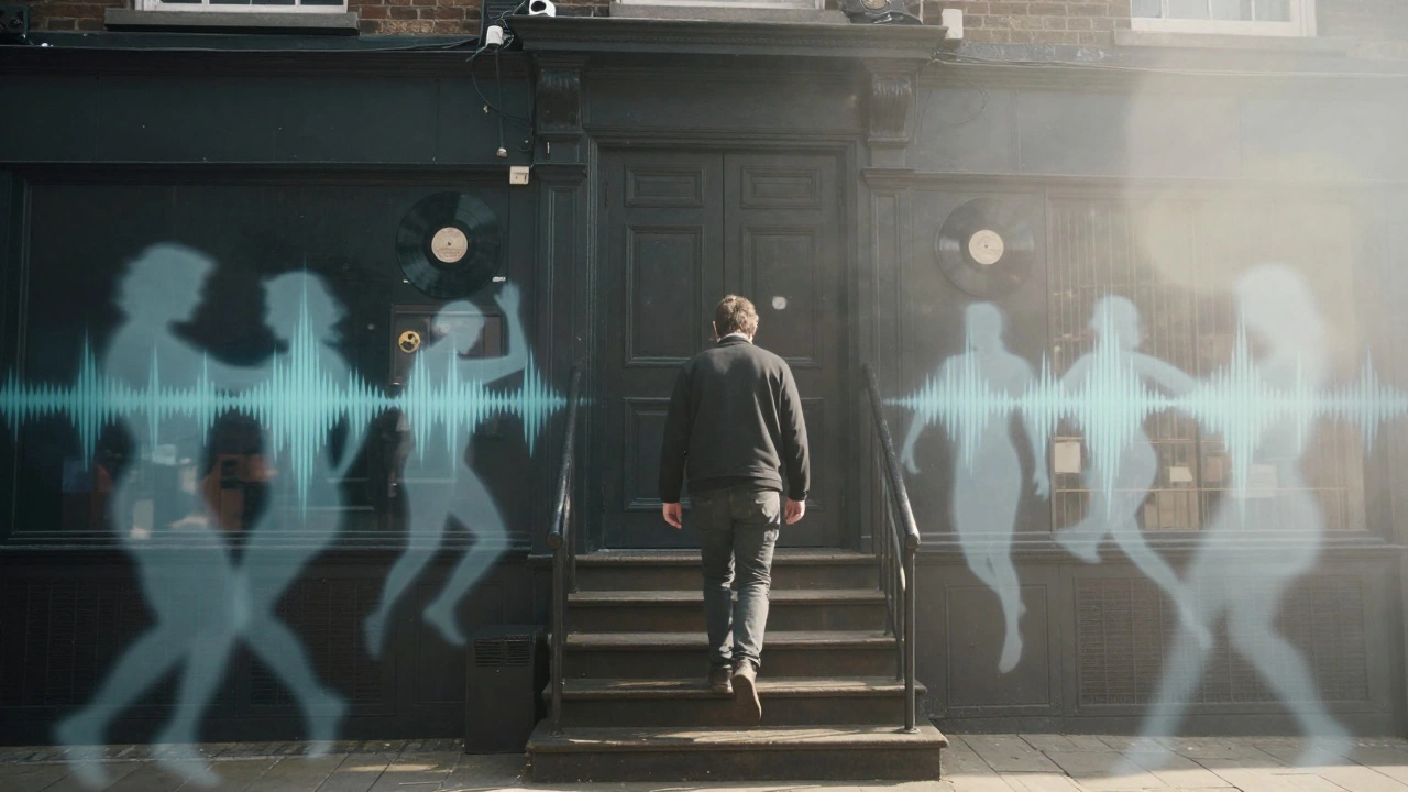 Person exiting Fabric at dawn, ghostly echoes of past dancers and vinyl records surrounding them, symbolizing musical legacy.