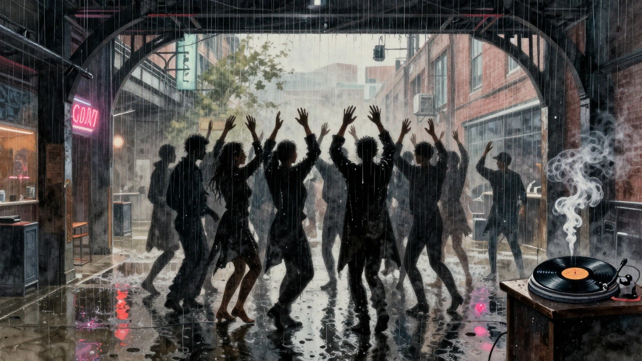 Rain pouring through Printworks' industrial arches, dancers huddled together, vinyl spinning in a puddle-lit space.