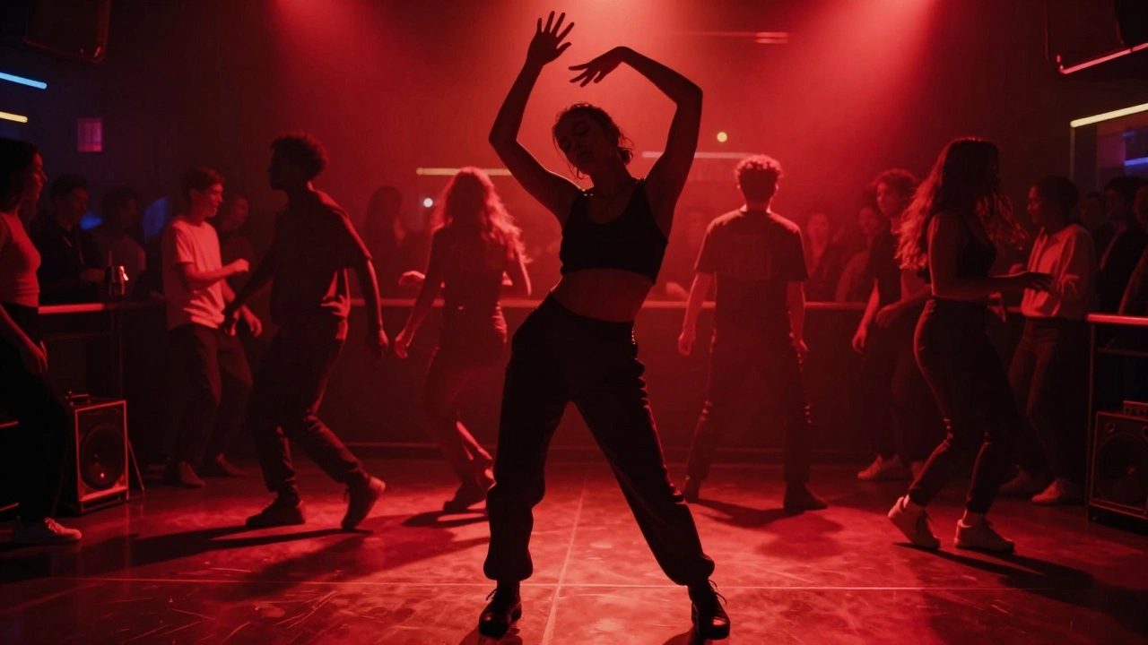Solo dancer in red-lit nightclub with energetic crowd around.