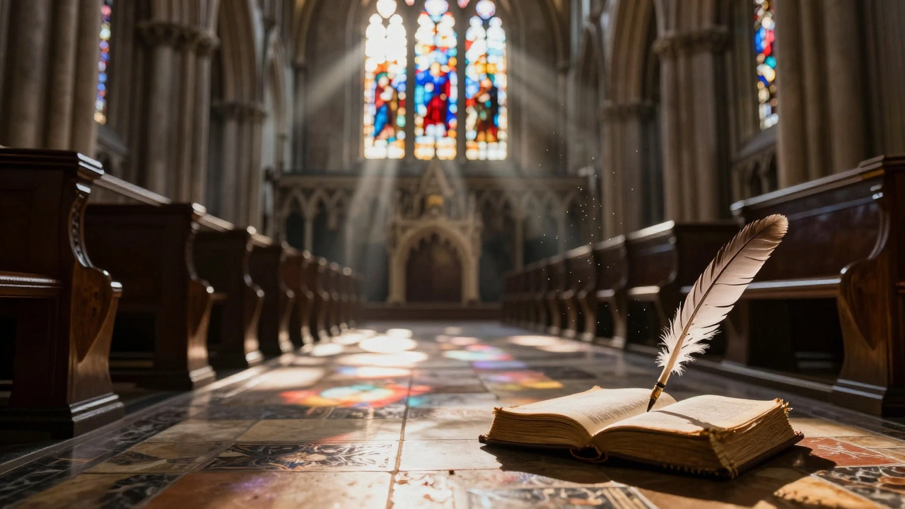 Sunlight streaming through stained glass in Westminster Abbey's nave, illuminating ancient floor tiles.