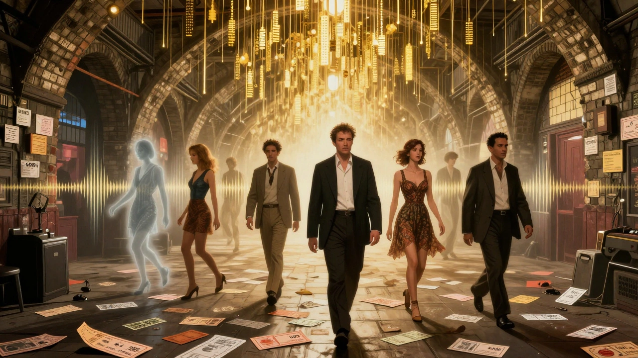 Surreal fusion of London’s industrial history and club culture, with ghostly dancers and soundwaves as living elements.