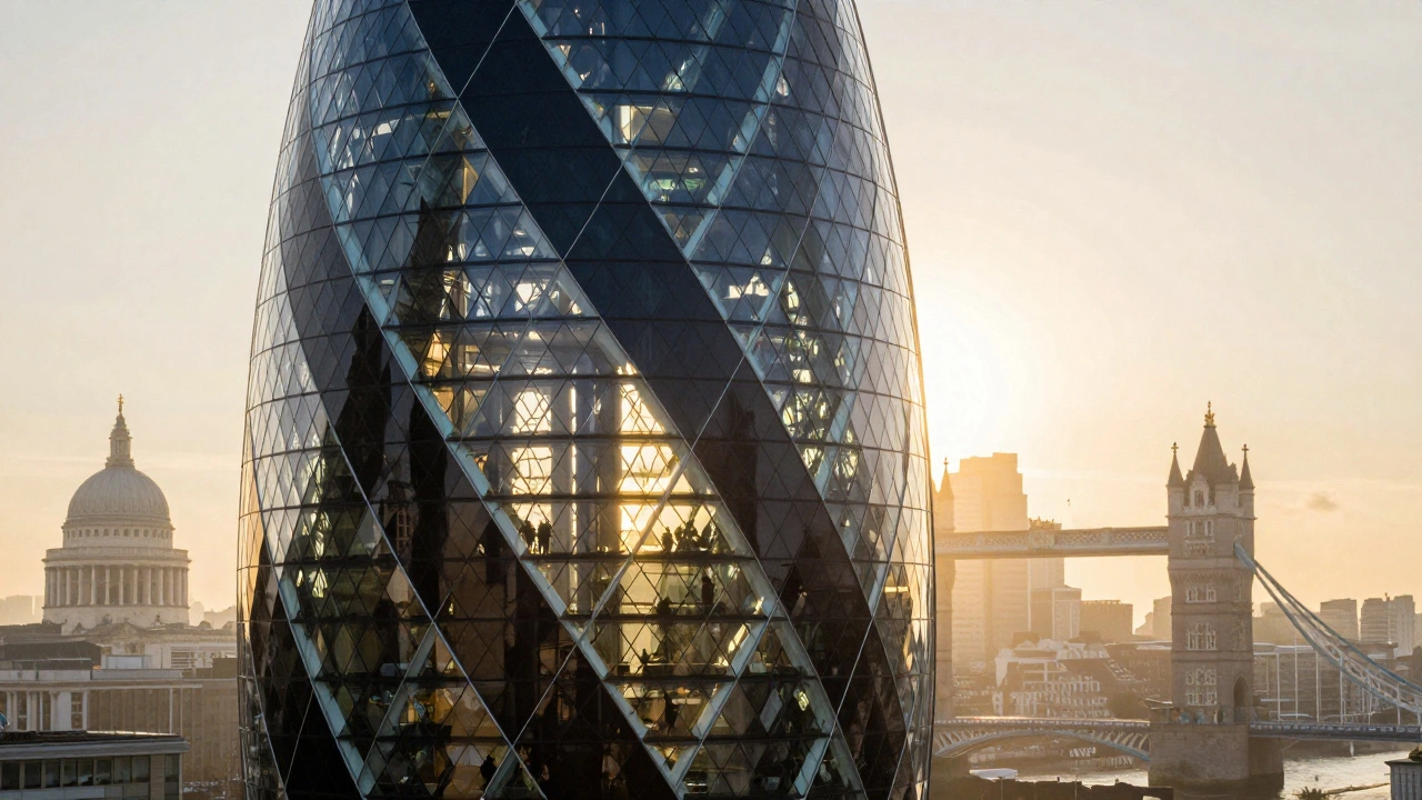 The Gherkin at sunrise, sunlight spiraling through its atrium, steel lattice glowing, with blurred landmarks of London in the distance.