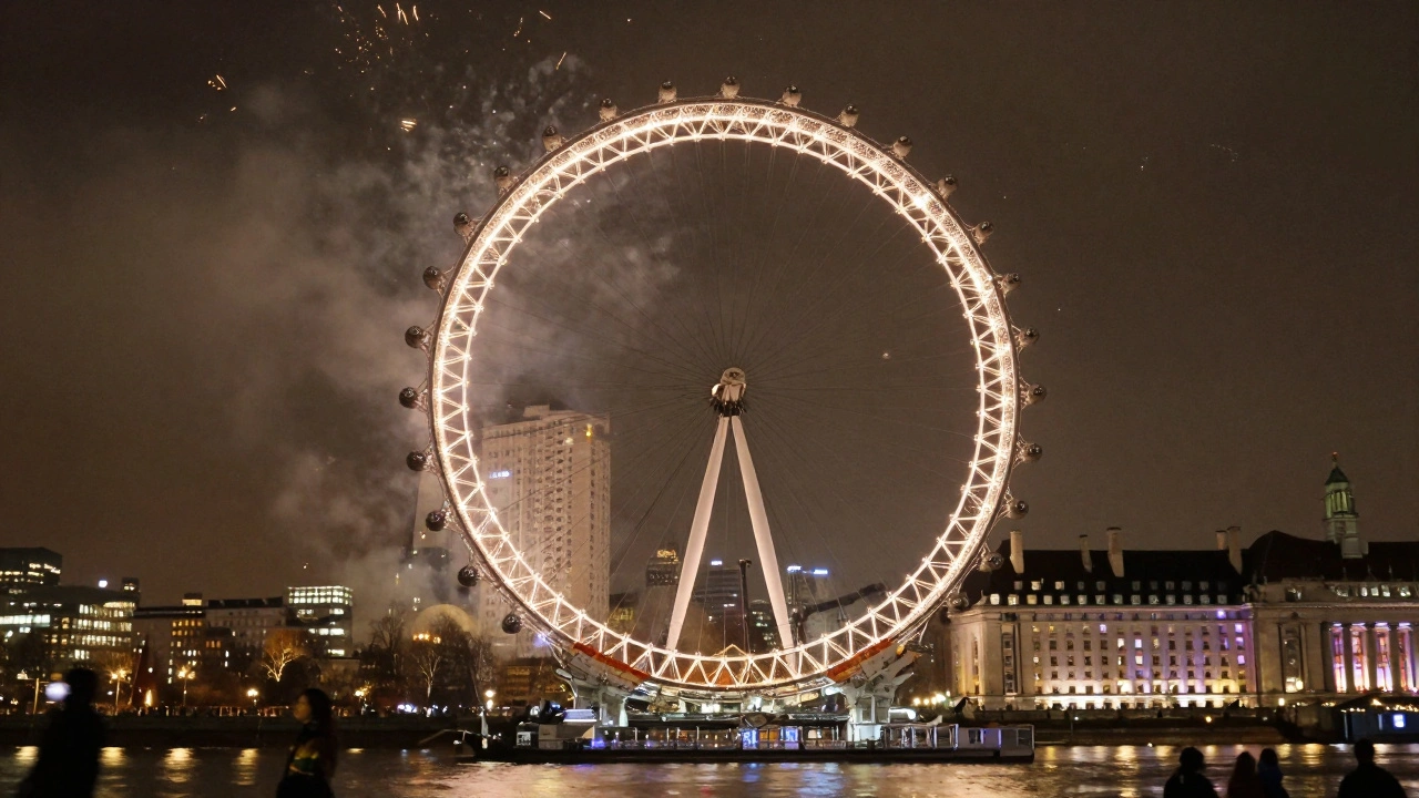 The London Eye glowing at night with LED lights and distant fireworks lighting up the sky.