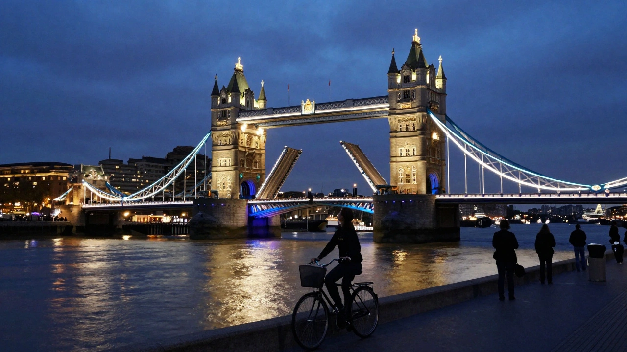 Tower Bridge at dusk with bascules rising, lit by warm lights, as a ship passes beneath.