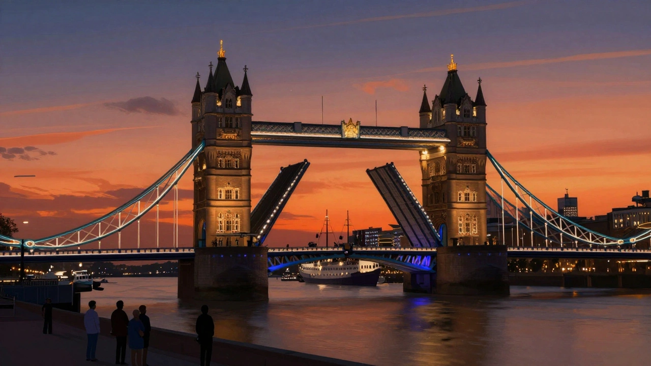 Tower Bridge lifting at sunset as a ship passes beneath, silhouetted against a glowing sky.