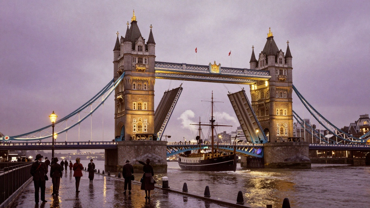 Tower Bridge’s bascules lifting at dusk in the 1890s, steam rising from engine rooms as a ship passes beneath, crowds watching under gas lamps.