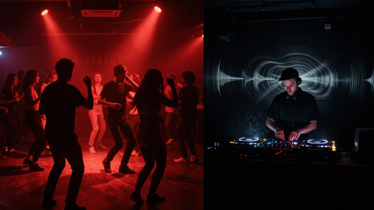Two distinct dancefloors in a warehouse club, one energetic and red-lit, the other dark and intimate with a DJ at the console.