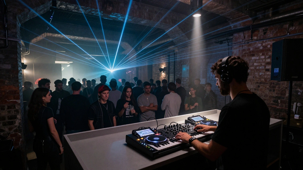 Underground electronic club with DJ and crowd dancing under strobe lights in Peckham