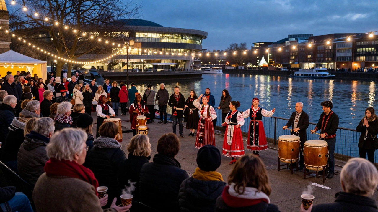 Vibrant winter festival at Southbank Centre with diverse performers and lantern-lit riverbank.