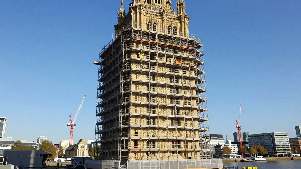 Victoria Tower under scaffolding during restoration