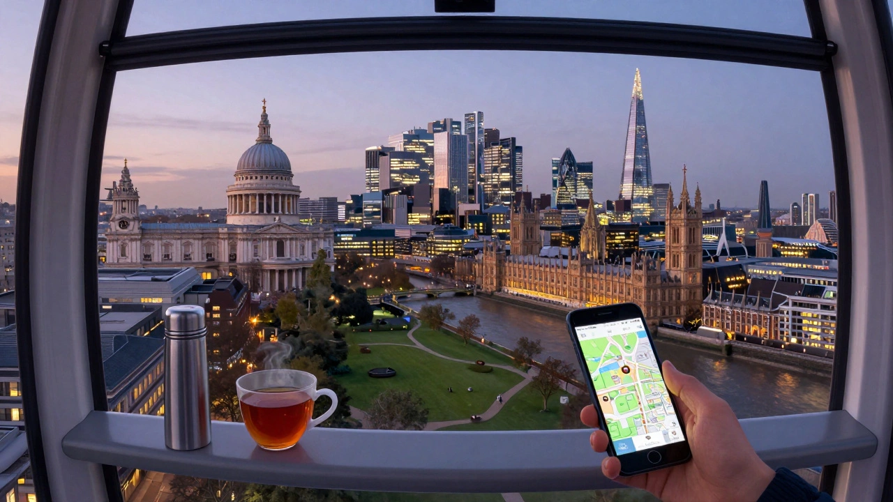 View from inside the London Eye capsule showing London landmarks like St Paul’s, the Shard, and Westminster Abbey at twilight.