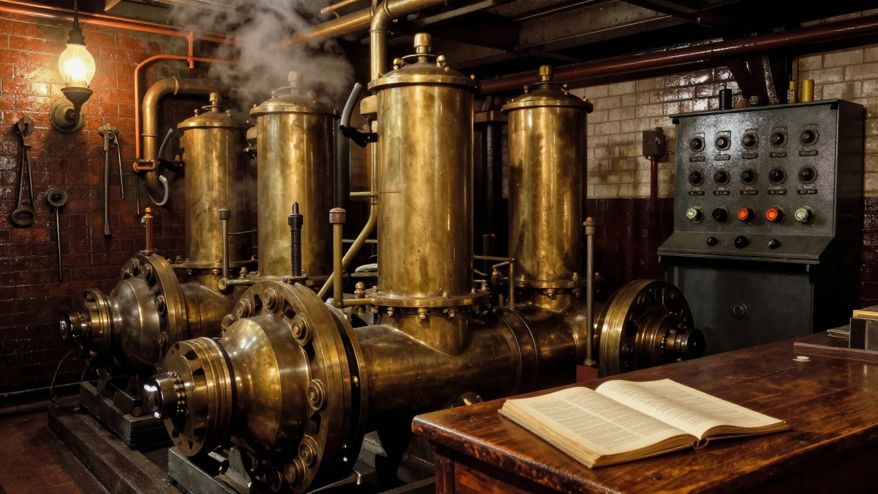 Vintage-style interior of Tower Bridge's original steam engine room with brass machinery and dim gaslight.