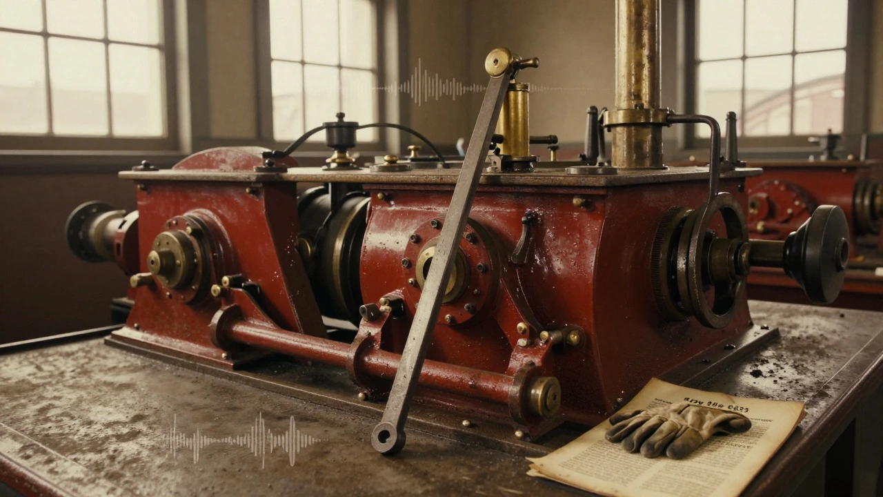 Vintage-style steam engines in Tower Bridge's engine room with brass levers and worn worker's glove.