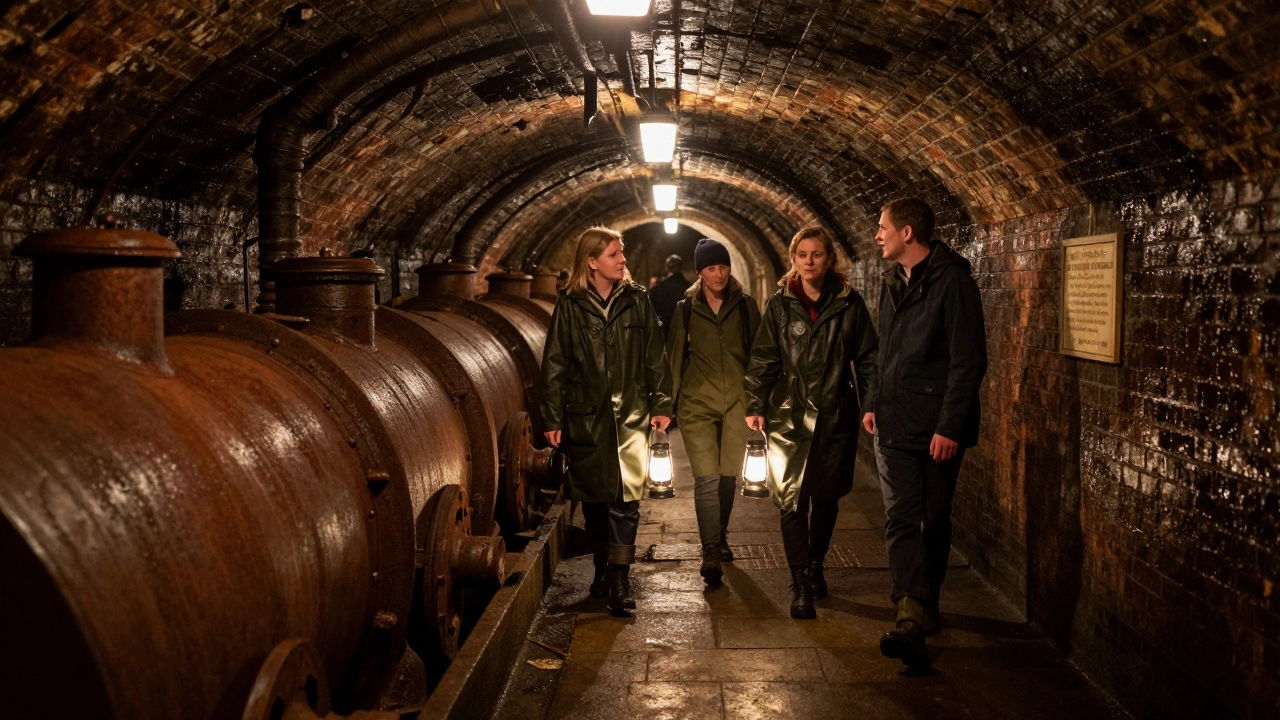 Visitors exploring London’s Victorian sewer tunnels with lantern light, surrounded by historic brickwork.