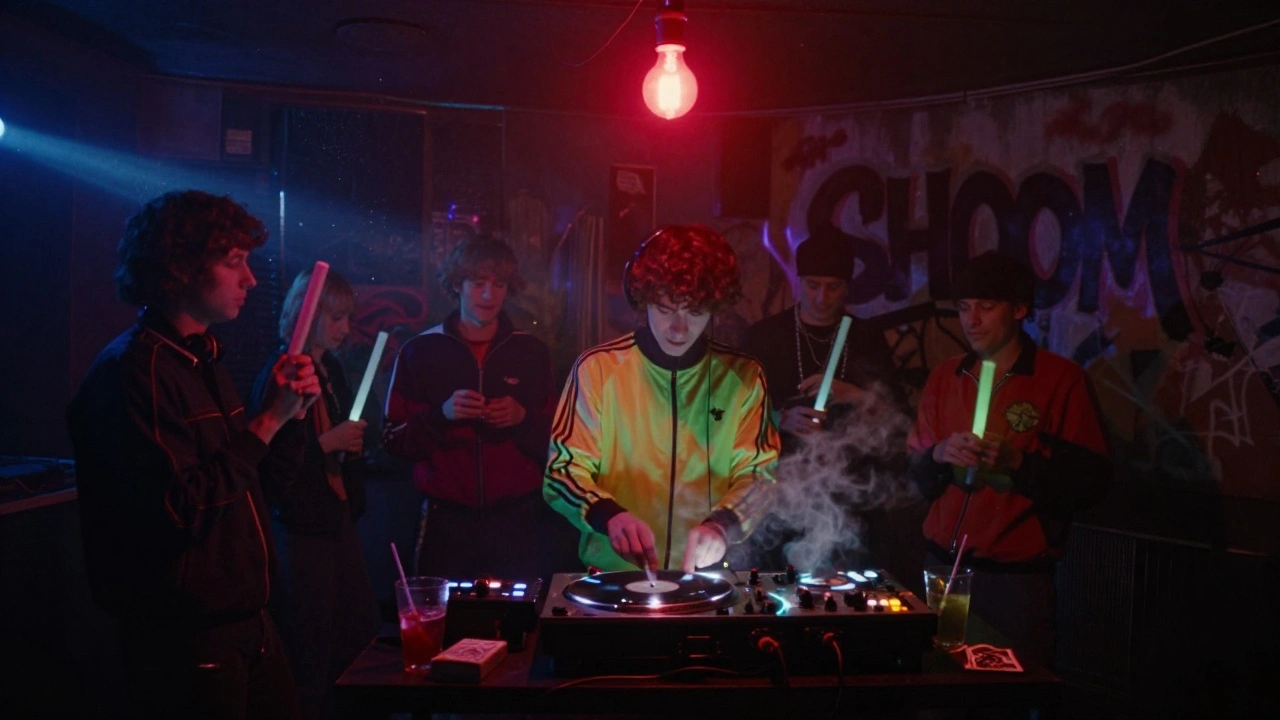 A 1987 underground rave in a gym with a single red light, glow sticks, and dancers moving to house music.