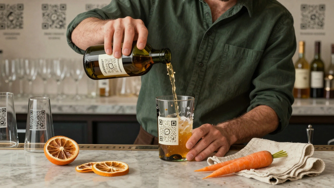 A bartender pouring a cocktail into a recycled glass tumbler with compostable stirrers and linen napkins.