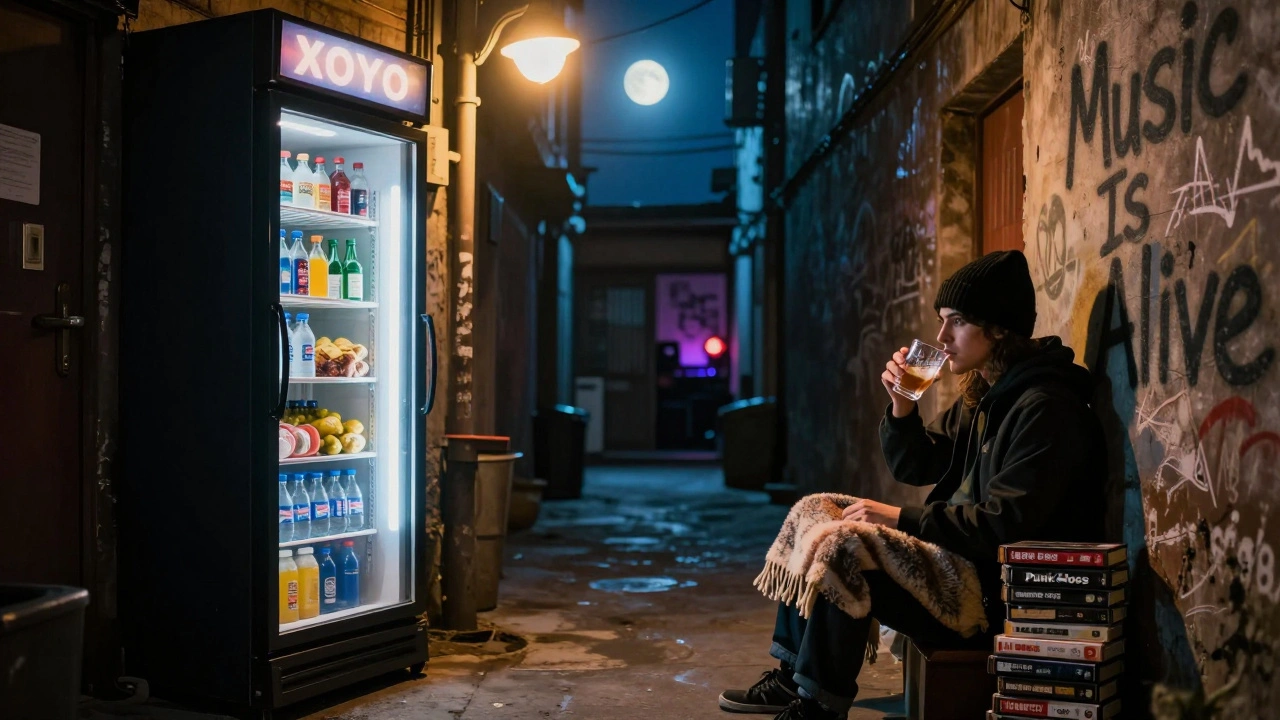 A community fridge in a back alley filled with food and blankets, lit by a flickering lamp at night.